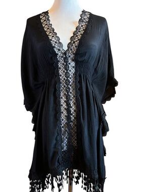 Black Lace-Trim Kimono Cover-Up with Fringe Like New